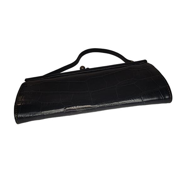 Vintage Nicole Miller Black Leather Mini Bag Crocodile Embossed Kiss Lock Retro - Picture 2 of 6